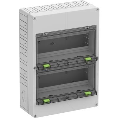 Egy szürke, téglalap alakú elektromos elosztószekrény két átlátszó fedéllel. Mindkét fedélen zöld zárak vannak.