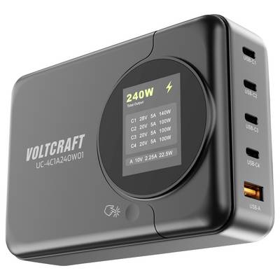 VOLTCRAFT UC-4C1A240W01 USB-s töltőkészülék 240 W 4x USB-C®, 1x USB-A Power Delivery 3.0 Fekete GaN, USB Power Delivery -4