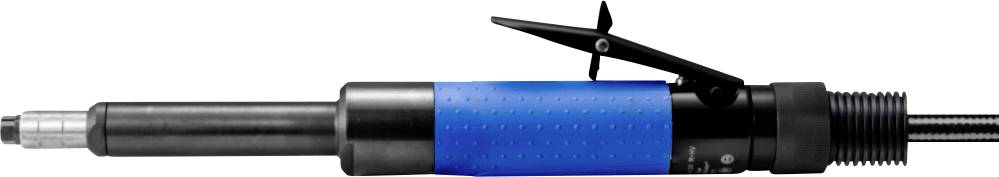 Egy hosszú, kék-fekete festésű szerszám, valószínűleg egy pneumatikusütvecsavarozó, amelynek felső részén egy kar található.