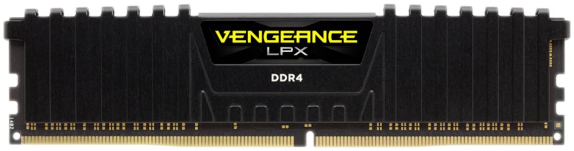 Egy fekete DDR4-RAM-modul látható, amelynek közepén a 'Vengeance LPX' felirat olvasható.