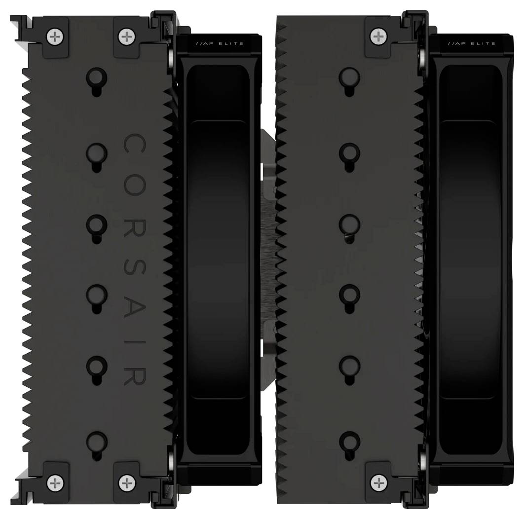 „Két Corsair-ventilátor fekete bordázattal és szerelőcsavarokkal, elölnézeti képen. A logó baloldalon látható."