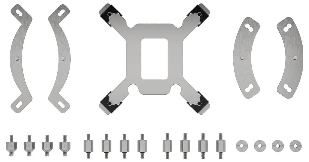 CPU-hűtő szerelőkészlet: fémtartók, csavarok és távtartók biztonságos rögzítéshez.