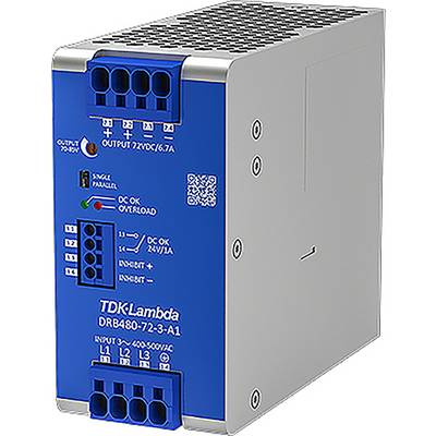 Egy kék és ezüst ipari tápegység modul különböző csatlakozókkal és feliratozással. Modell: TDK-Lambda DRB480-72-3-A1.