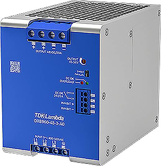 Egy kék és ezüst elektronikai eszköz több csatlakozóval és LED-kijelzőkkel, amelyen a 'TDK Lambda DRB950-48-3-AO' jelölés látható.