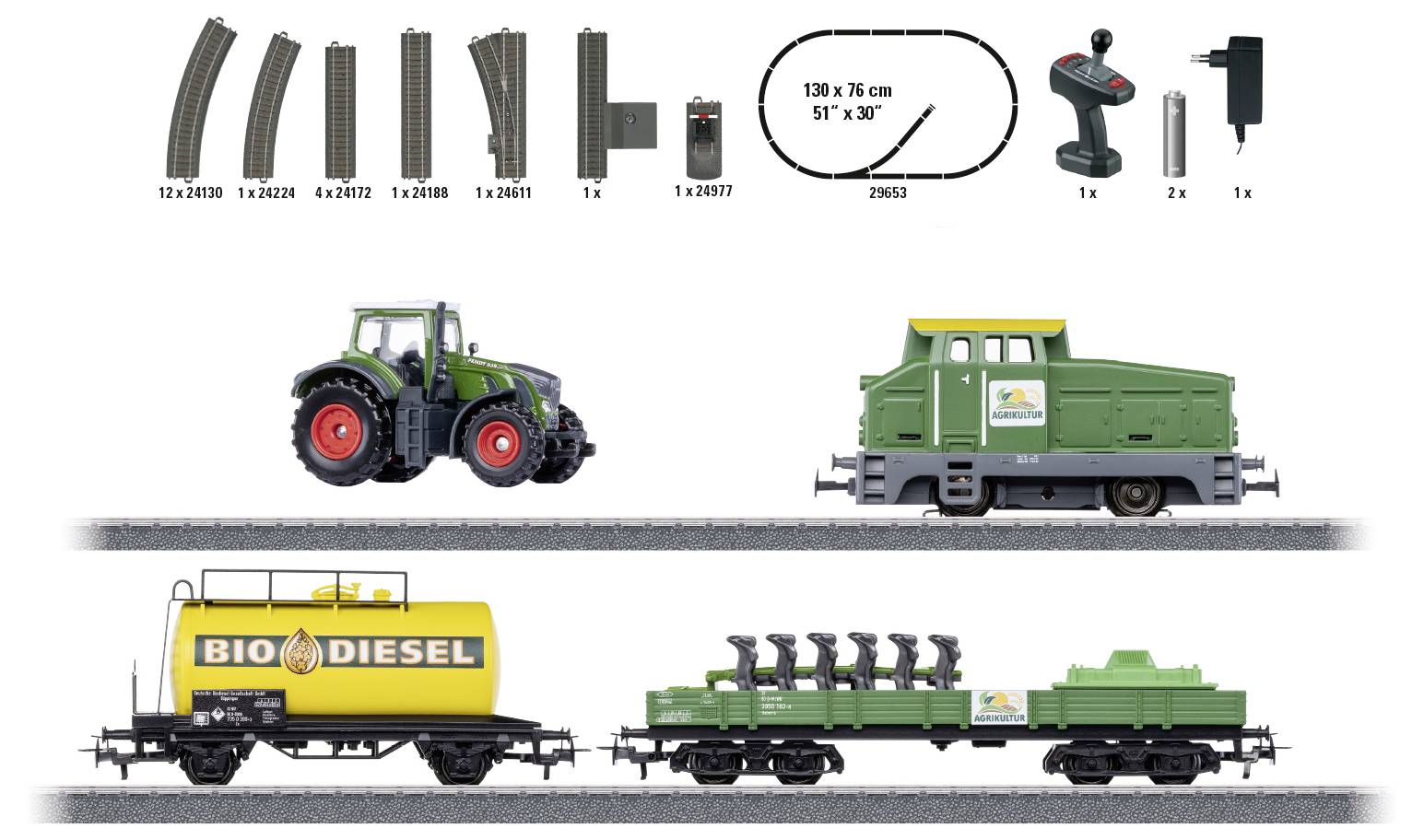 Vasúti modellkészlet sínekkel, mozdonnyal és vagonokkal. Traktor és tartozékok mellékelve, teljes méret: 130 x 76 cm.