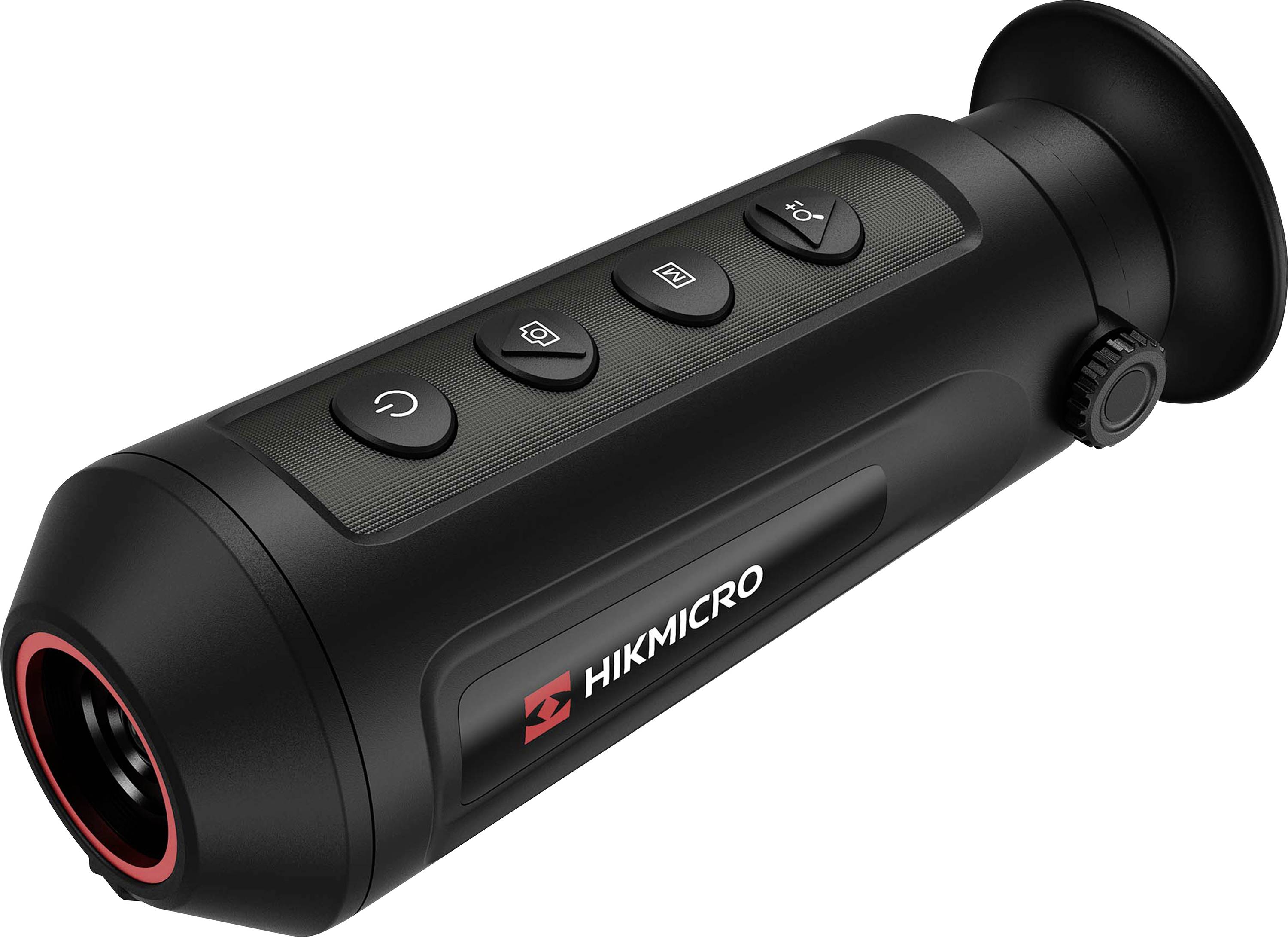 Fekete hőkamera négy funkciógombbal és a 'Hikmicro' márka logójával az oldalán, kompakt és hordozható kialakítással.