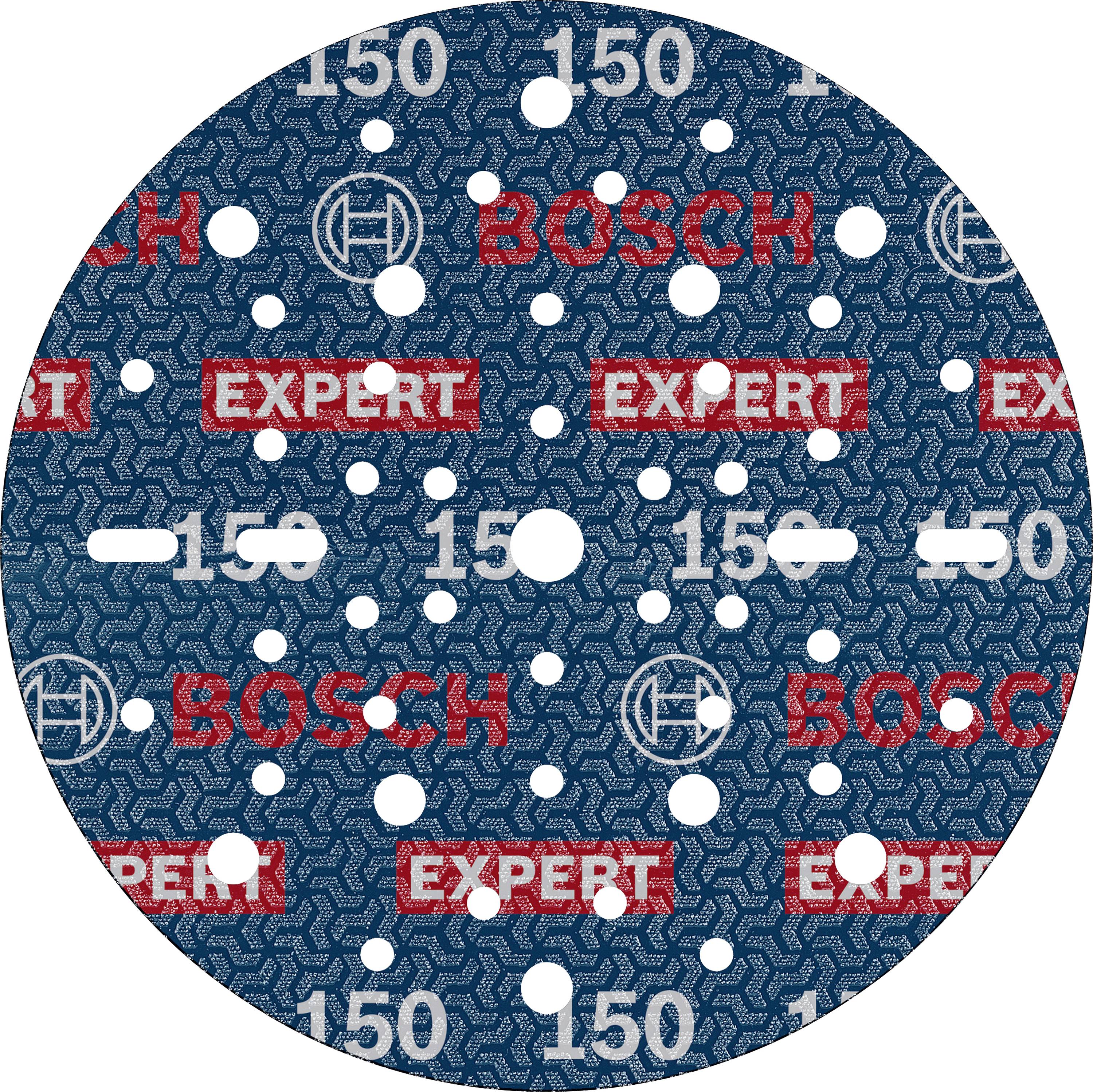 'Bosch Expert' csiszolópapír, köralakú, sok lyukkal, nyomtatott 'Bosch' és 'Expert' logókkal, valamint a '150' számmal.