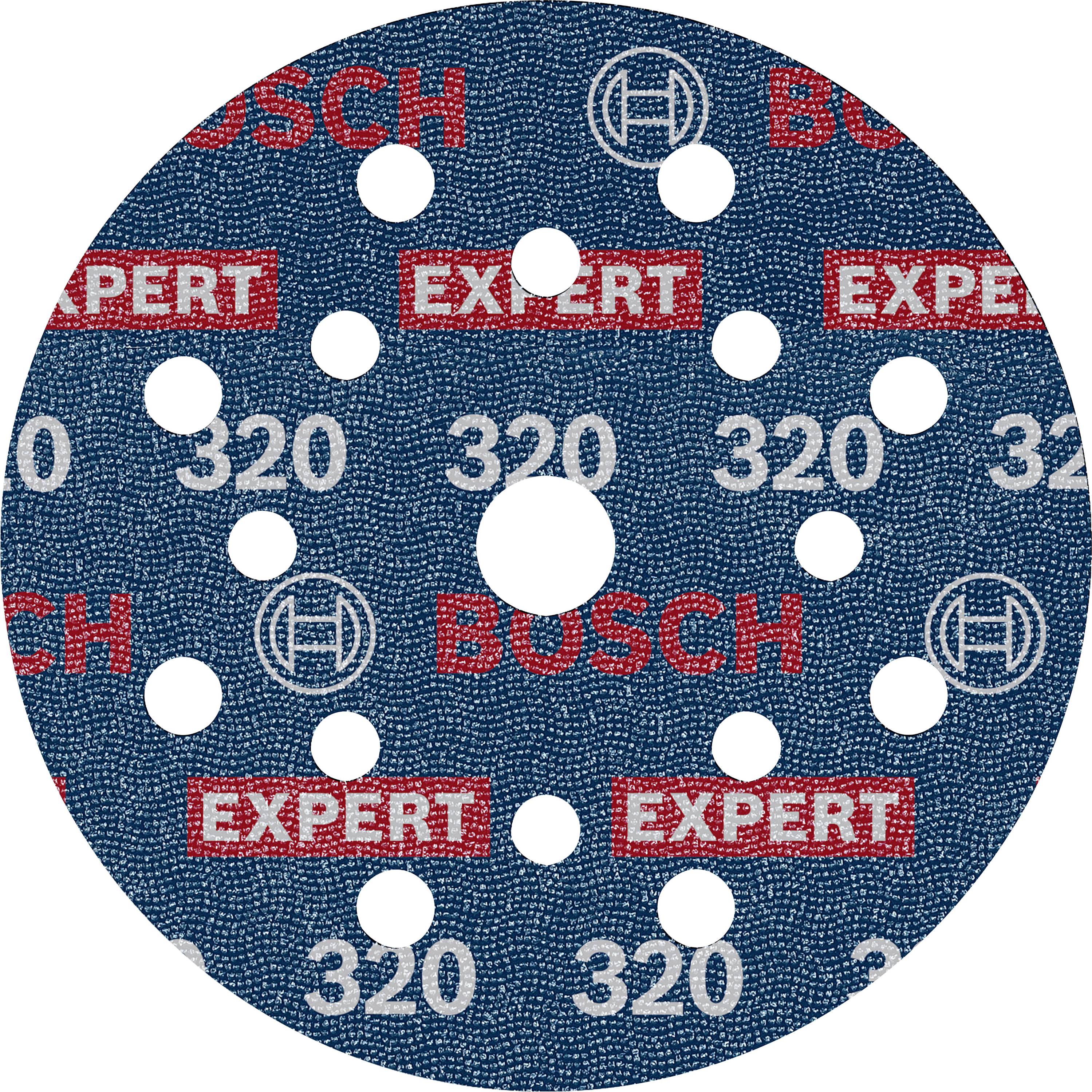 A BOSCH csiszolókorong, kék felülettel, piros 'EXPERT' felirattal és fehér '320' számokkal, kör alakban elrendezve.