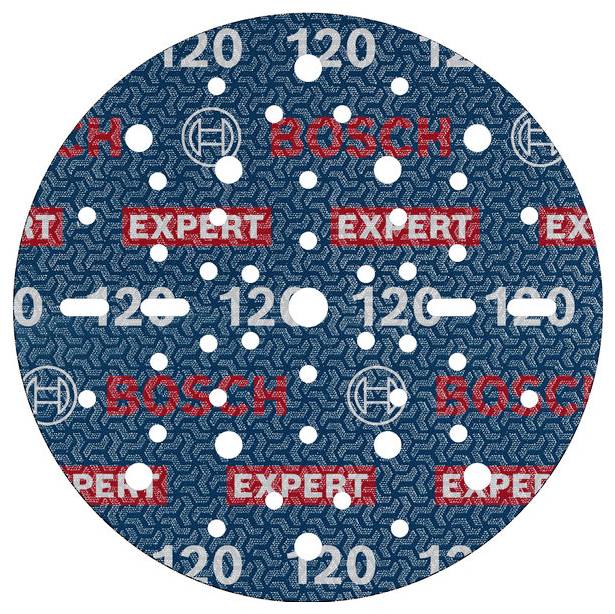 'Bosch Expert' csiszolókorong 120-as szemcsemérettel, kék színben fehér és piros nyomatokkal, kerek alakú, sok lyukkal a porelszívás érdekében.