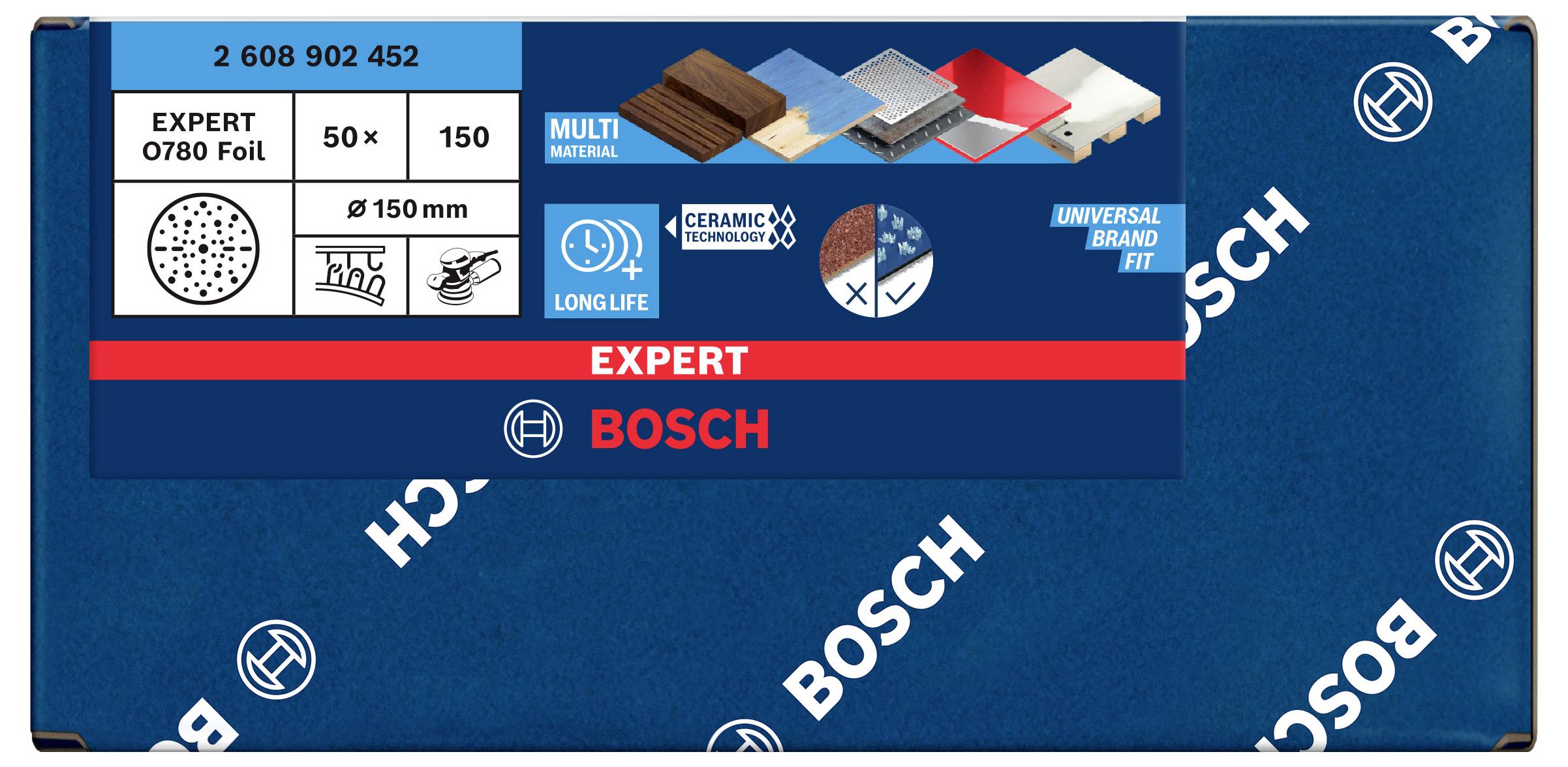 'Bosch csiszolókorong csomag anyagokra és technológiákra vonatkozó információkkal. Korong átmérő 150 mm, 50 darab.'