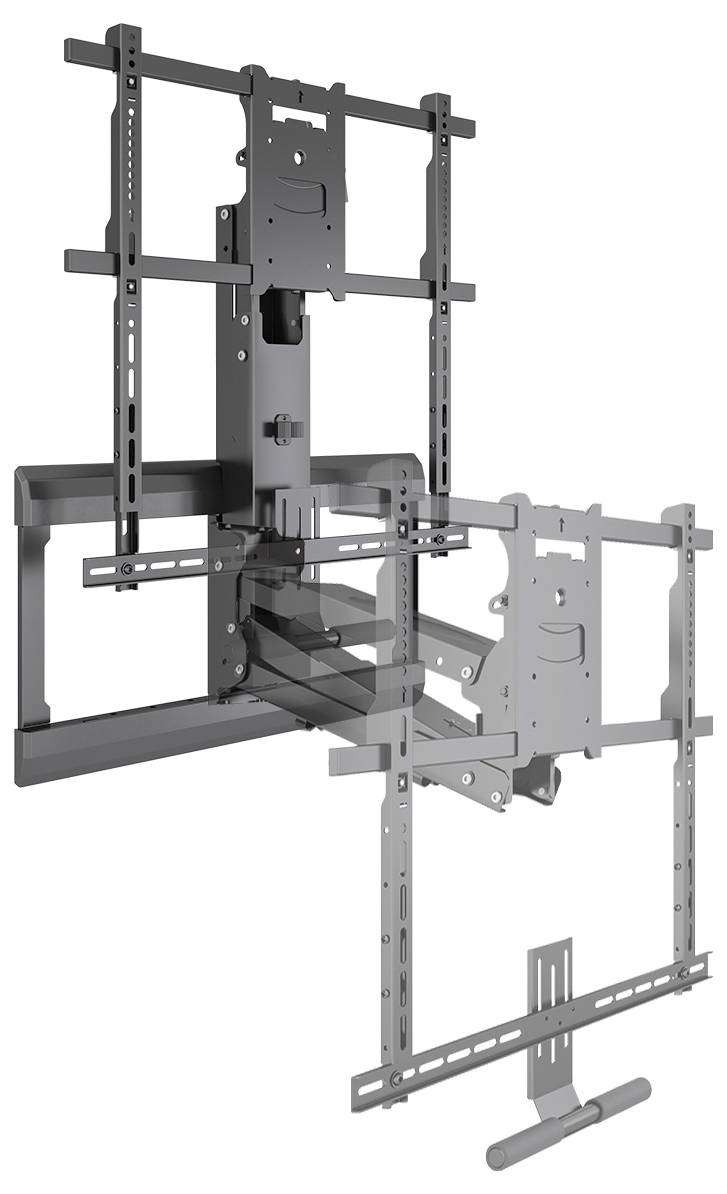 Egy állítható TV-fali tartó, amely különböző irányokba mozgatható. Karos mechanizmusokat és rögzítőelemeket mutat.