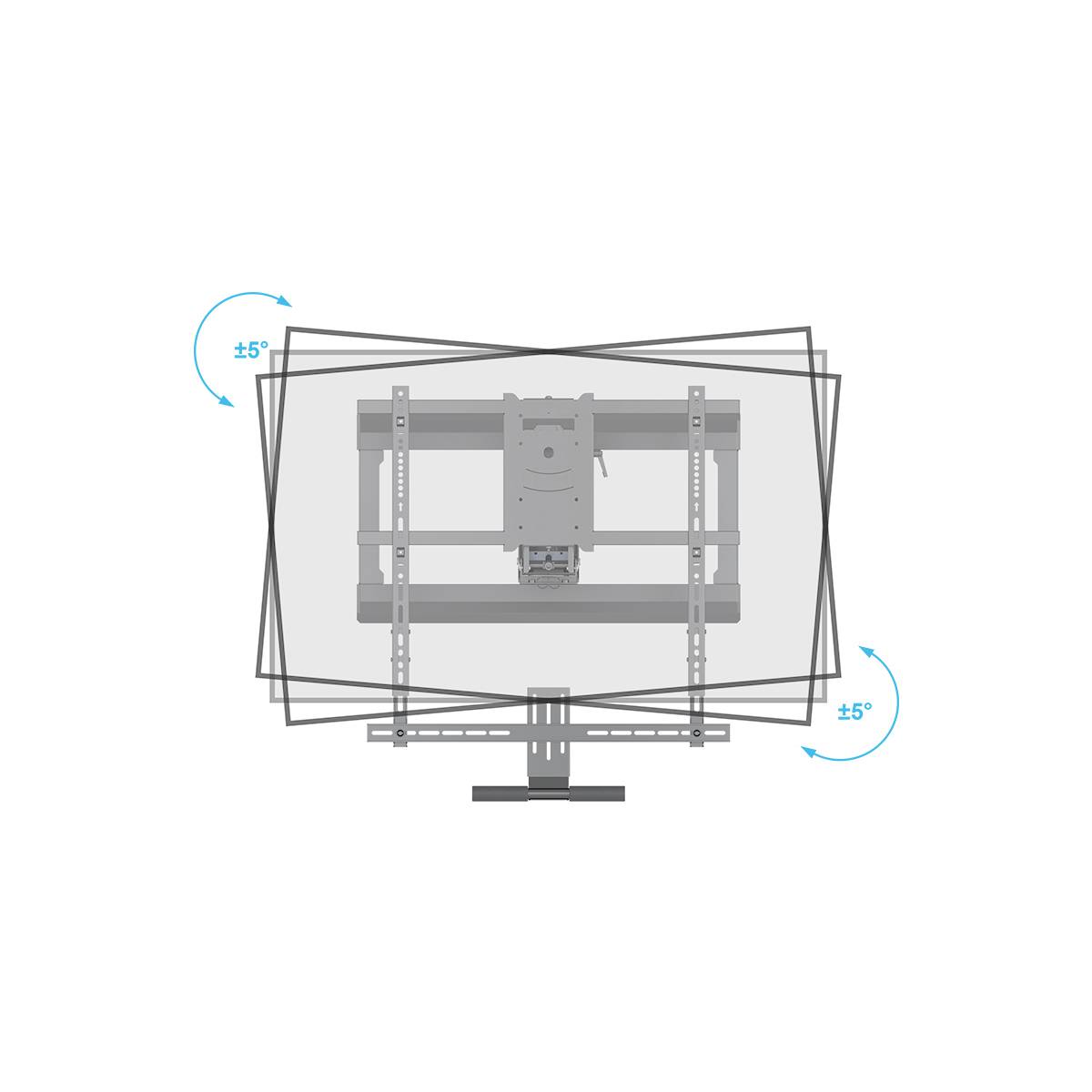 TV-fali tartó illusztrációja forgatási lehetőségekkel. Maximális forgatási szög: ±5°. Tartalmazza a szerelőlapot és a rögzítőcsavarokat.