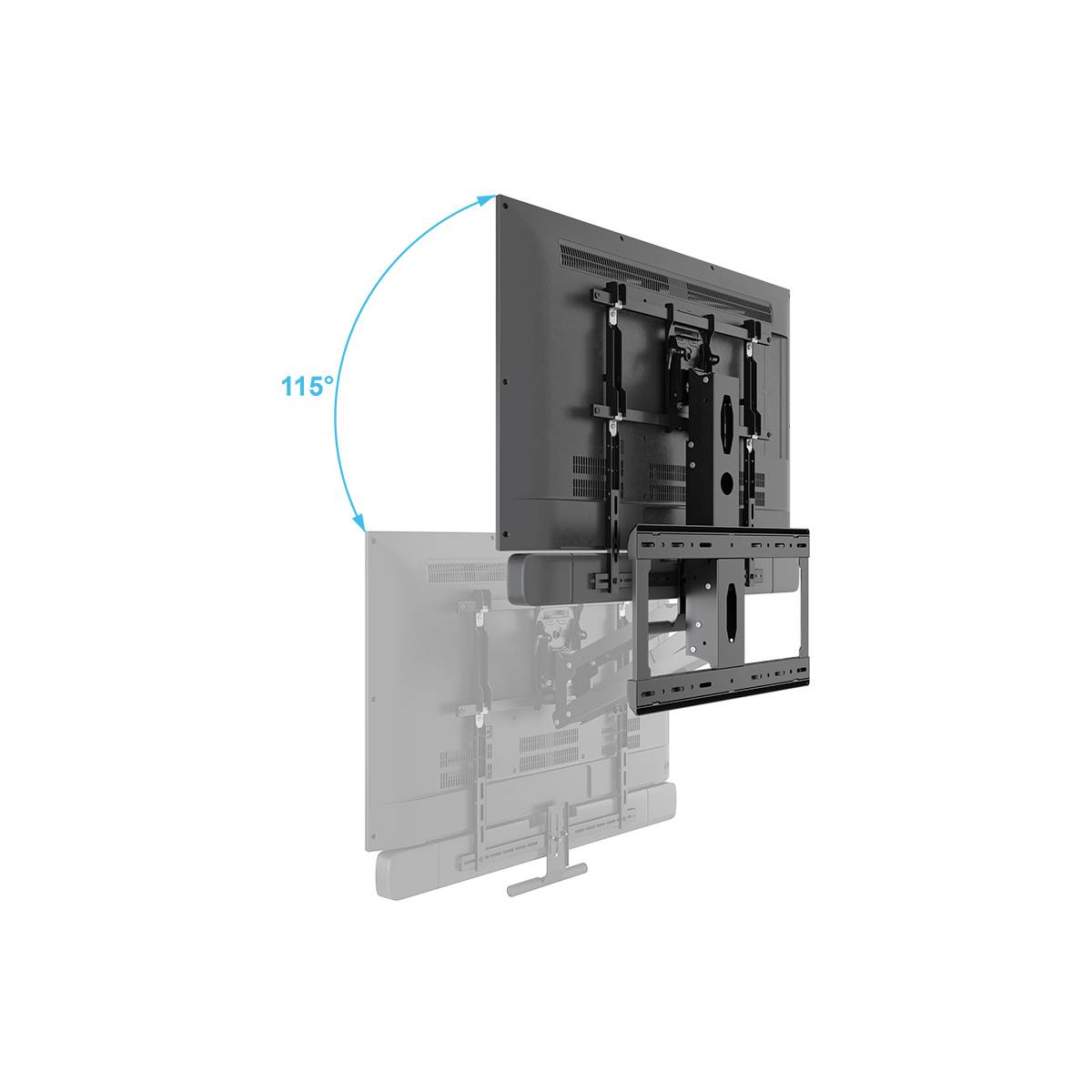 Egy televízió egy tartókonzolon látható, amely 115 fokos szögben elfordítható. Ez rugalmas nézési szögeket tesz lehetővé.