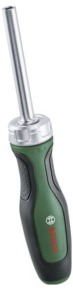 Zöld és fekete csavarhúzó ezüst, cserélhető bittel a Bosch-tól. Ergonomikus markolat gumírozott felülettel.
