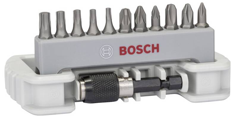 Bosch logóval ellátott csavarhúzó bit-készlet tartóban.