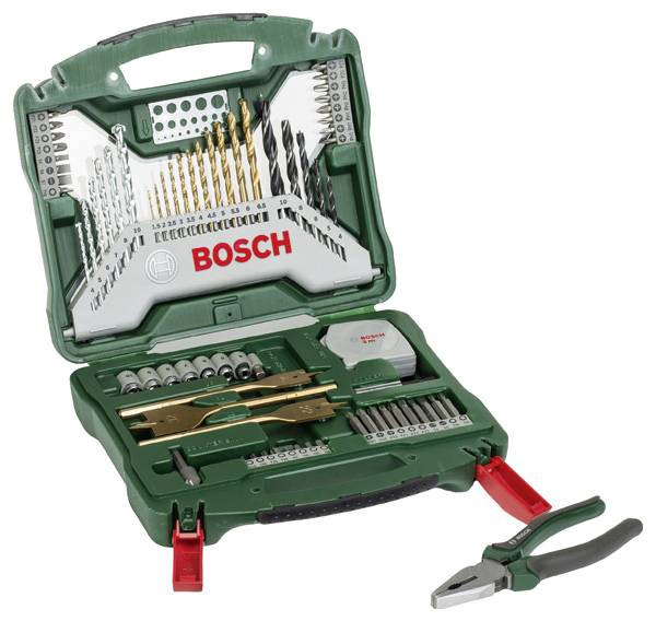 Bosch márkájú fúrófej- és szerszámkészlet, nyitott tokban különböző fúróméretekkel és speciális szerszámokkal, zöld tokkal.