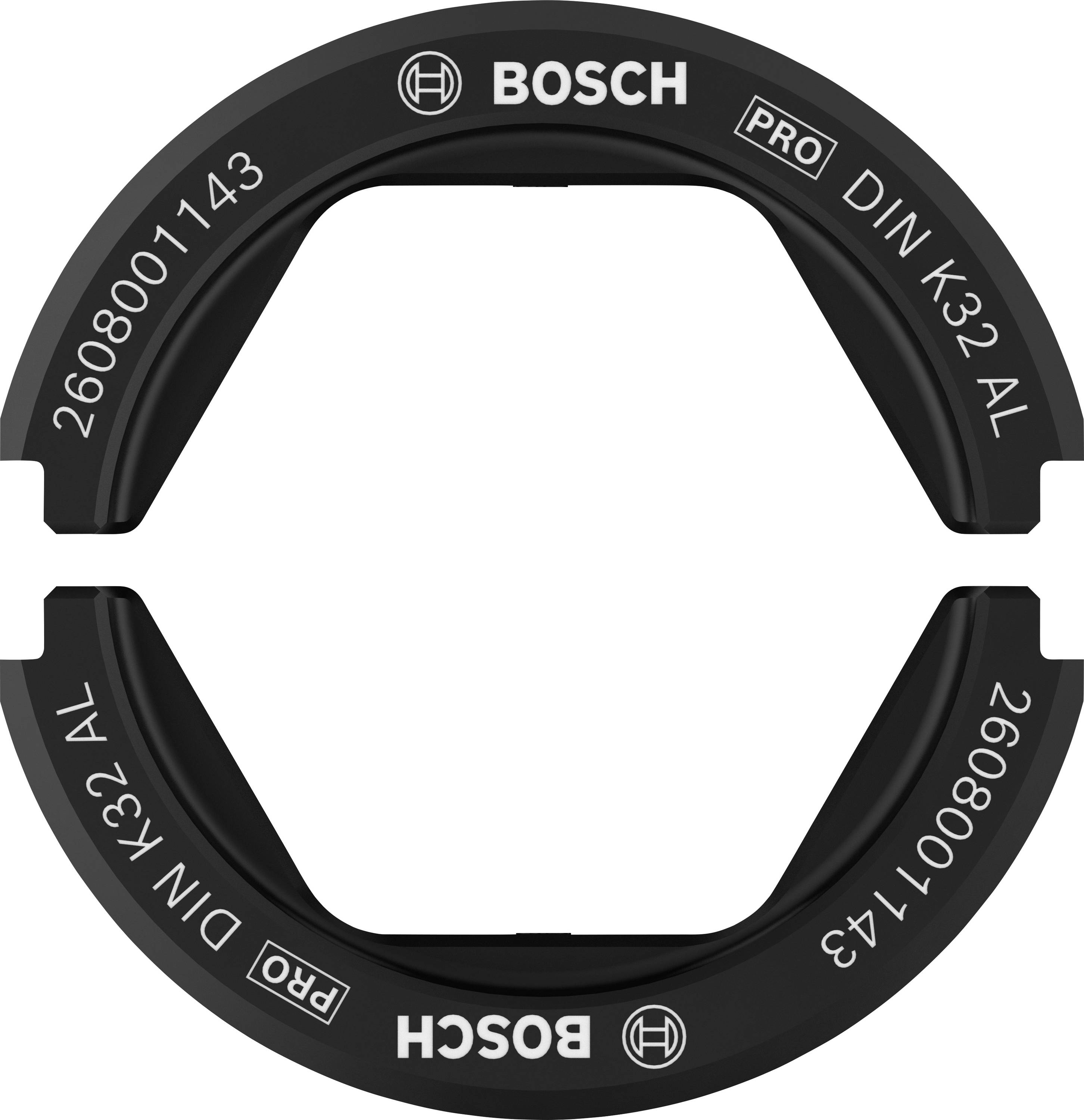 Fekete Bosch elektromos készülék adapter, hatszög alakú, 'PRO DIN K32 AL' felirattal és termékazonosító számokkal.