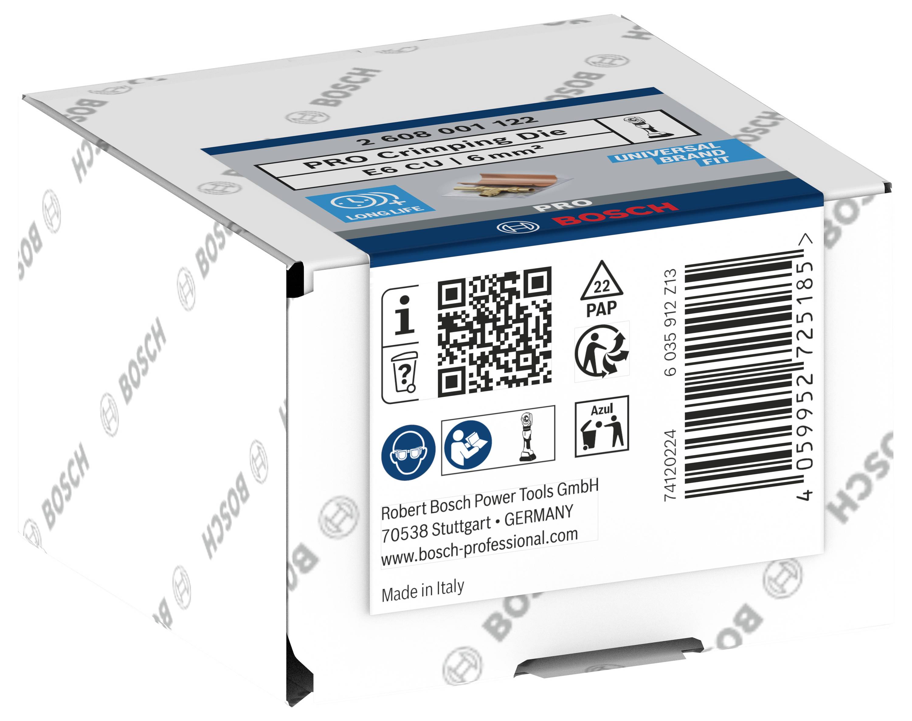Bosch profi présszerszám csomagolása. Tartalmazza a termékspecifikációkat, QR-kódot, újrahasznosítási szimbólumot és 'Made in Germany' jelölést.