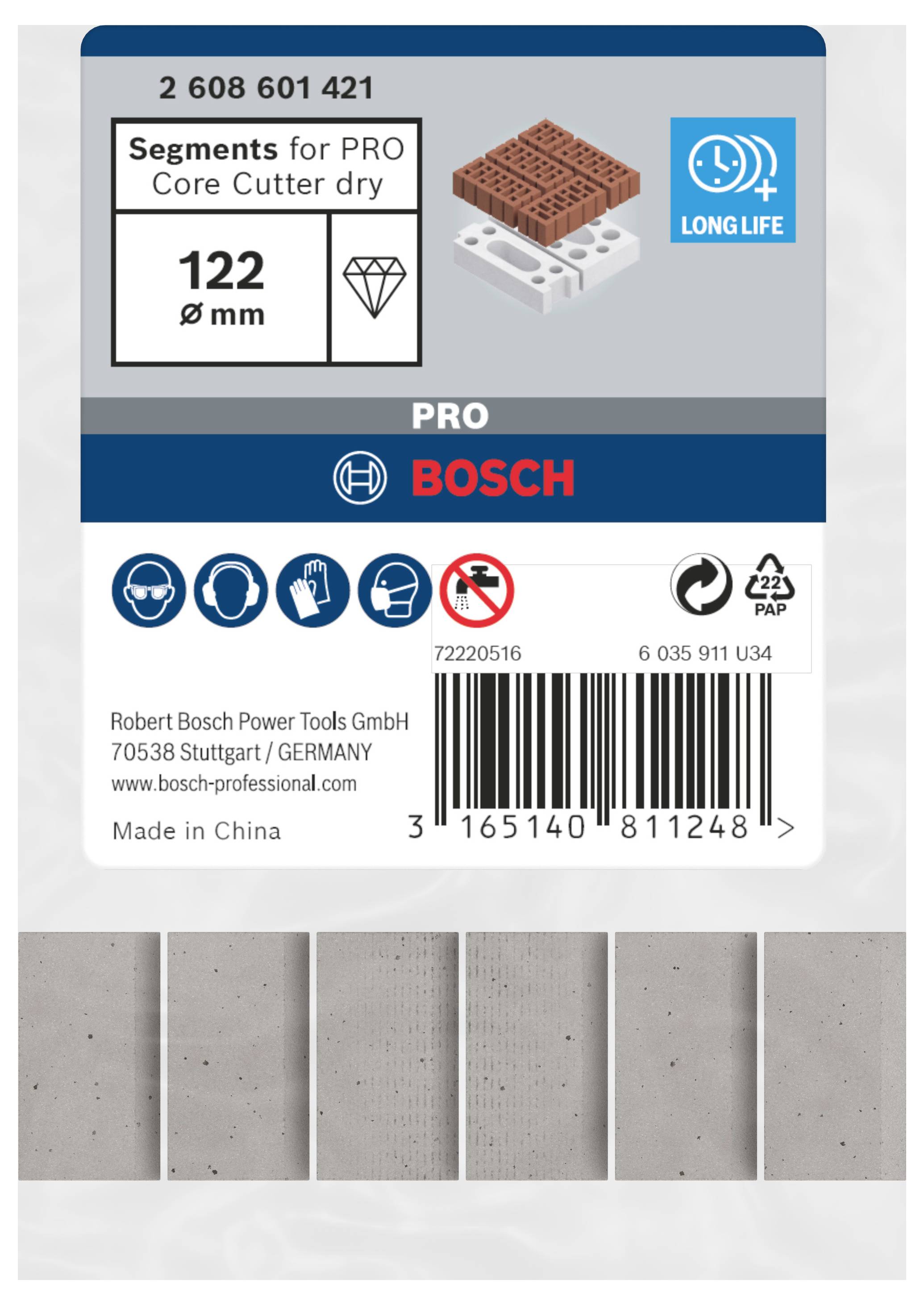 Gyémánt vágótárcsa címkéje, 122 mm átmérő, betonhoz alkalmas, Bosch márka, Kínában gyártva.
