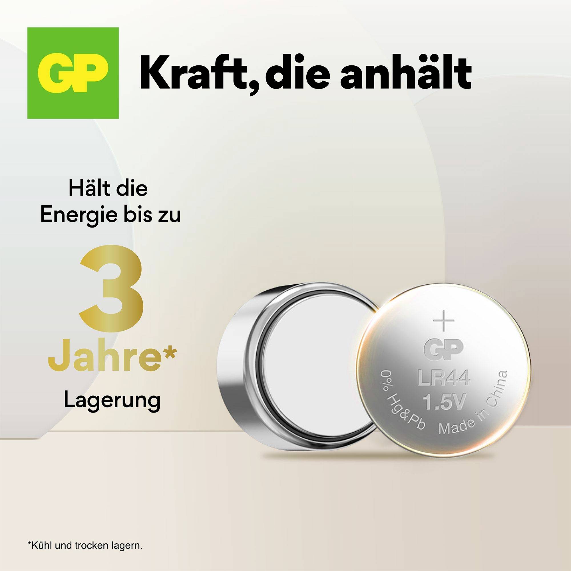 'GP LR44 Elem, akár 3 évig megőrzi energiáját tárolás közben. Tartós teljesítmény.' Két elem képe látható. Tárolási útmutató: Tárolja hűvös és száraz helyen.