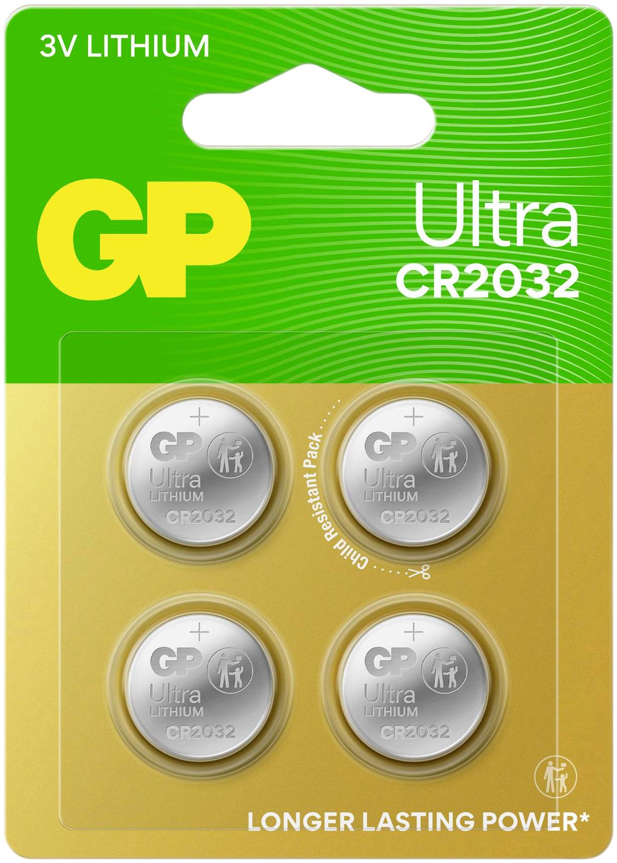 Négy GP Ultra CR2032 3V lítium gombelem egy zöld és arany csomagolásban. A szöveg kiemeli: 'Hosszabb ideig tartó energia'.