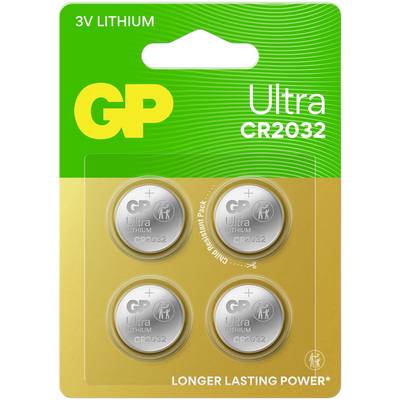 Négy GP Ultra CR2032 3V lítium gombelem egy zöld és arany csomagolásban. A szöveg kiemeli: 'Hosszabb ideig tartó energia'.
