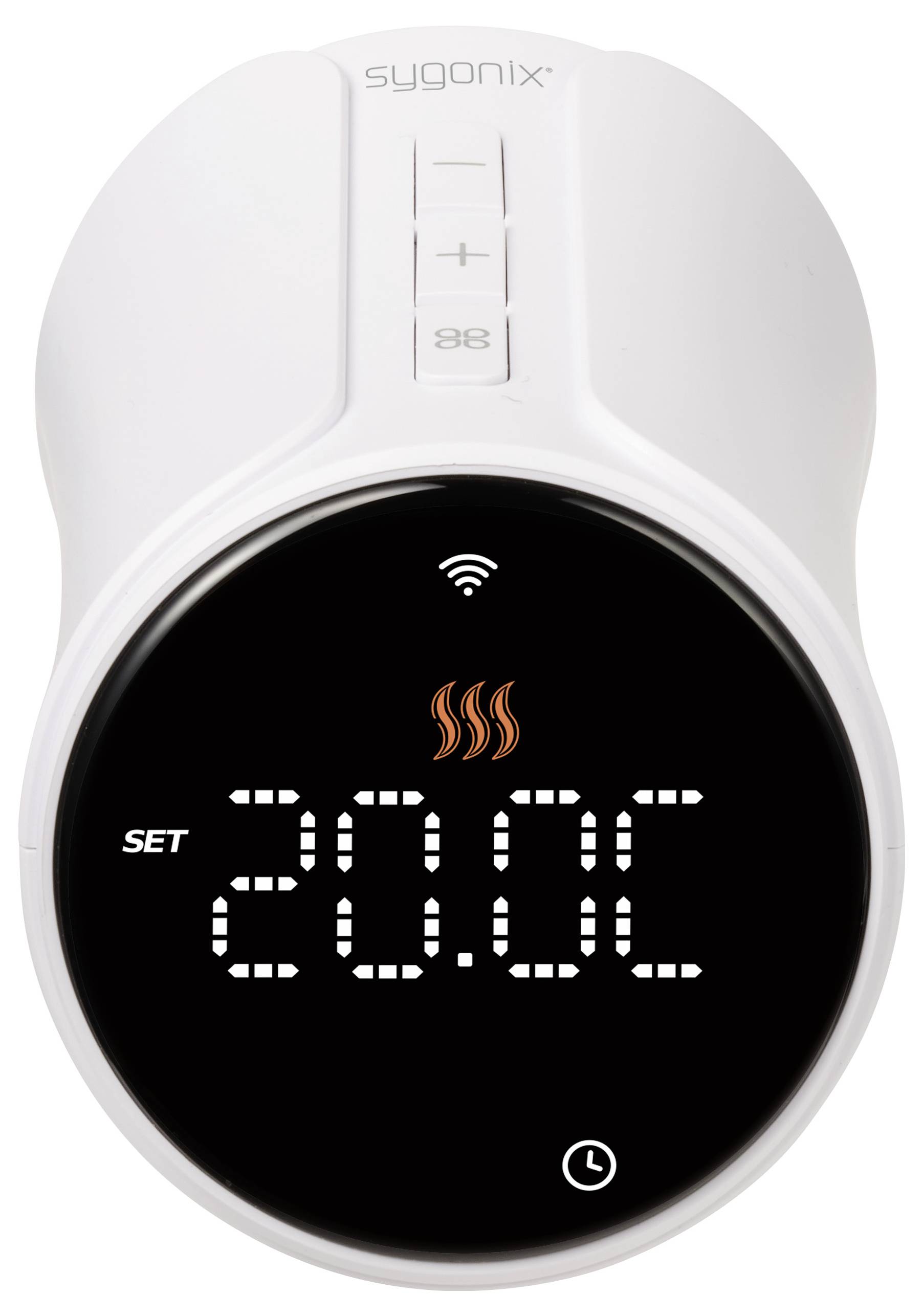 Fehér digitális termosztát, amelyen 20°C van beállítva. Felül a vezérlőgombok, alatta a fűtés szimbóluma látható.