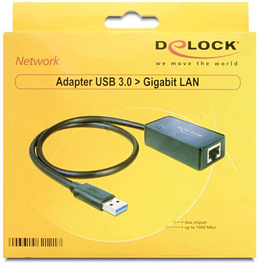 Egy fekete Delock adapter USB 3.0-ás és Gigabit LAN csatlakozással rendelkező csomagolása. Márkafelirat a jobb felső sarokban, a termék grafikai ábrázolása középen.