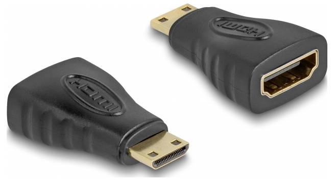 Egy fekete adapter HDMI- és DisplayPort-csatlakozókkal, amelyet különböző interfészű eszközök összekapcsolására használnak.
