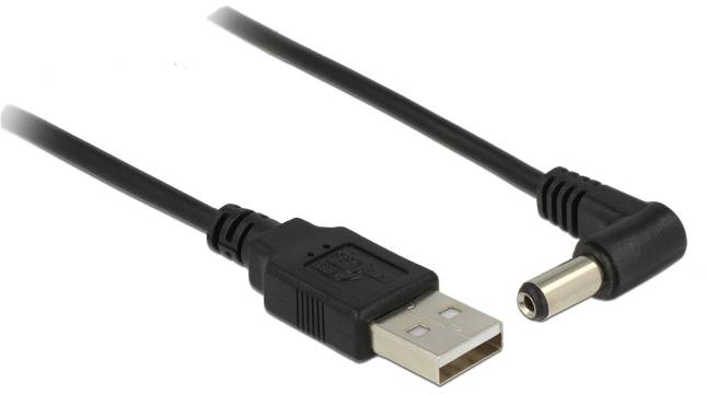 Fekete USB-töltőkábel négyszögletes USB-csatlakozóval baloldalt és kerek DC-csatlakozóval jobboldalt.