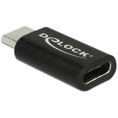 Egy fekete USB-C-adapter a tetején 'DELOCK' felirattal. Eszközök csatlakoztatására tervezve USB-C portok segítségével.