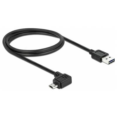 Egy fekete USB-kábel, amelynek az egyik oldalán egy szabványos USB-csatlakozó, a másik oldalán pedig egy derékszögben megtört micro-USB-csatlakozó van.