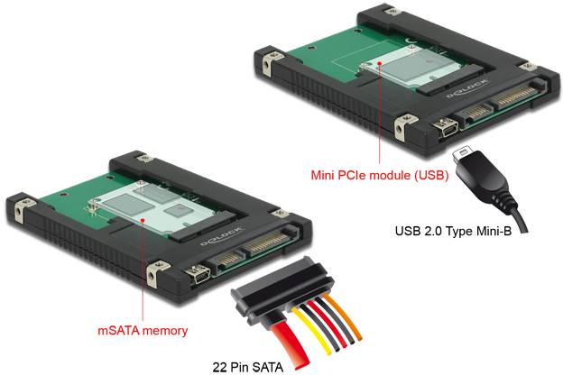 Delock 62853 Csatlakozó átalakító [1x SATA, USB 2.0 - 1x mSATA, Mini PCI-Express]-2