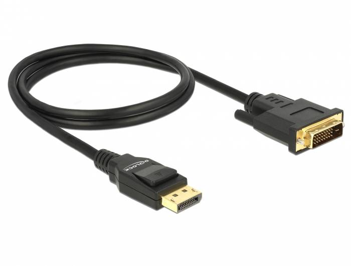 Fekete kábel DisplayPort-csatlakozóval az egyik végén és DVI-csatlakozóval a másik végén, videokapcsolatokhoz alkalmas.