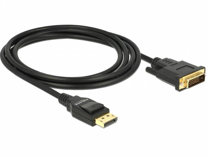 Egy fekete kábel DisplayPort-csatlakozóval az egyik oldalon és DVI-csatlakozóval a másik oldalon, videokapcsolatok céljára alkalmas.