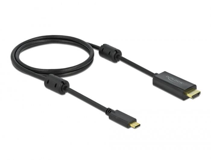 Egy fekete USB-C-HDMI kábel, amely alkalmas laptopok, monitorok vagy tévékészülékek közötti csatlakoztatásra és képátvitelre.