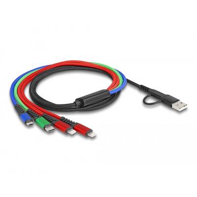 Egy négy csatlakozóval rendelkező USB-kábel, kék, zöld, piros és fekete színkódokkal, különböző eszközökkel való kompatibilitást mutat.