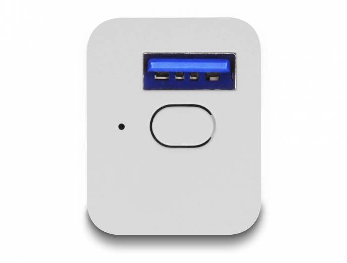 Egy fehér töltő kék USB-porttal és egy kis kerek bekapcsoló gombbal.