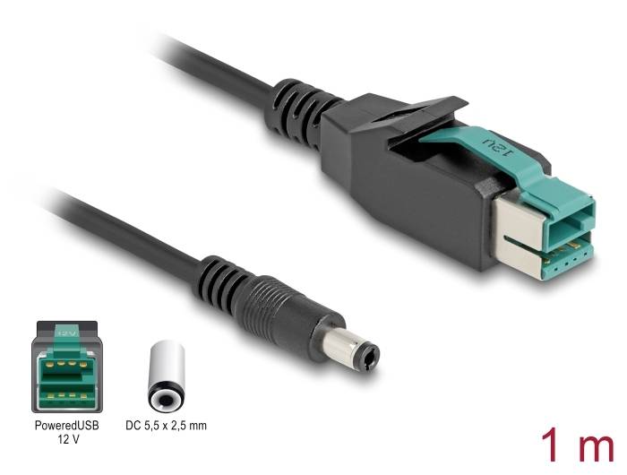12 V-os PoweredUSB és 5,5 x 2,5 mm-es DC csatlakozóval ellátott kábel, hossza 1 méter.