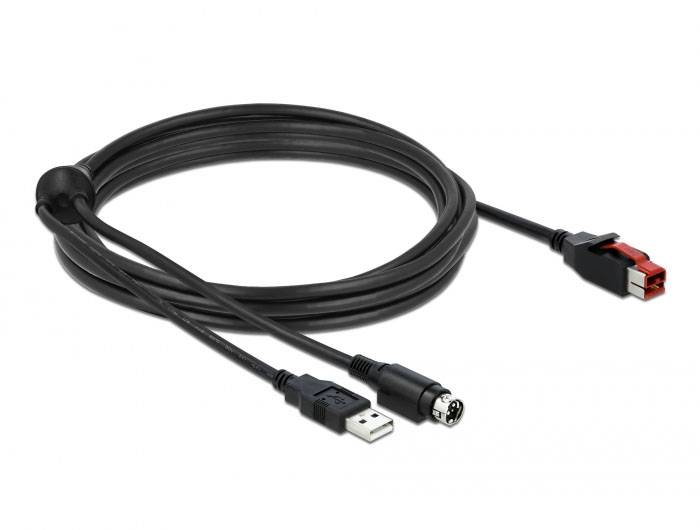 Egy hosszú, fekete kábel USB-csatlakozóval és egy kerek, több érintkezős csatlakozóval az egyik végén; a másik végén egy speciális csatlakozó.