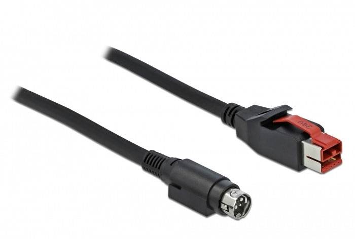 Egy fekete kábel, amelynek bal oldalán egy DIN-csatlakozó, jobb oldalán pedig egy RJ45-csatlakozó van.