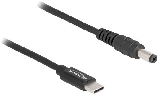 Delock USB-C-ről DC-kábel, kompatibilis különböző töltőkészülékekkel. Közelről mutatja az USB-C és DC csatlakozókat.
