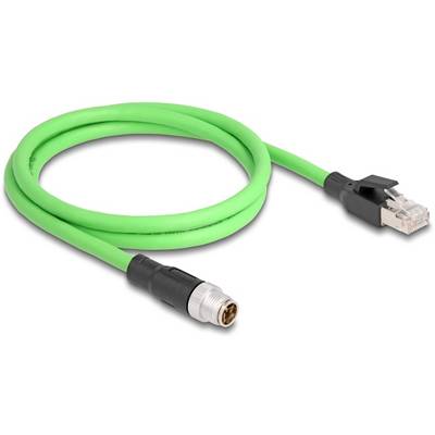 Zöld Ethernet-kábel RJ45-dugóval az egyik oldalon és ipari kerek csatlakozóval a másik oldalon, hálózati alkalmazásokhoz használva.