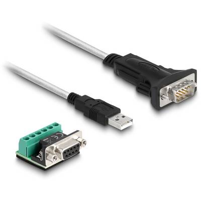 Egy USB-RS-232 konverter kábelekkel és csatlakozókkal, amelyet számítógépek és eszközök közötti soros adatkapcsolatok létrehozásához használnak.