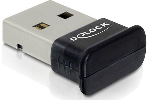 Egy fekete USB-adapter a Delock-tól, amely vezeték nélküli kapcsolatokat tesz lehetővé.