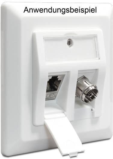 Fehér fali csatlakozóaljzat Ethernet- és koaxiális kábel csatlakozókkal, 'Alkalmazási példa' felirattal ellátva.