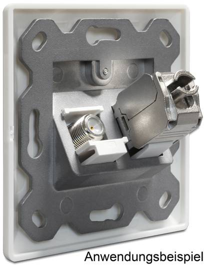 Az ábra egy hálózati és TV-aljzatot mutat, amely egy falba van integrálva. Az alkalmazások magukban foglalhatják az adat- és televíziós kábel csatlakoztatását.