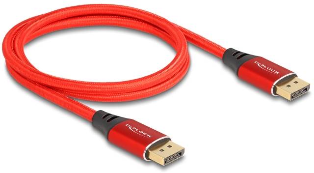 Egy piros DisplayPort kábel fekete csatlakozóvégekkel, amely alkalmas számítógépek és monitorok összekapcsolására video- és audió jelek továbbítása céljából.