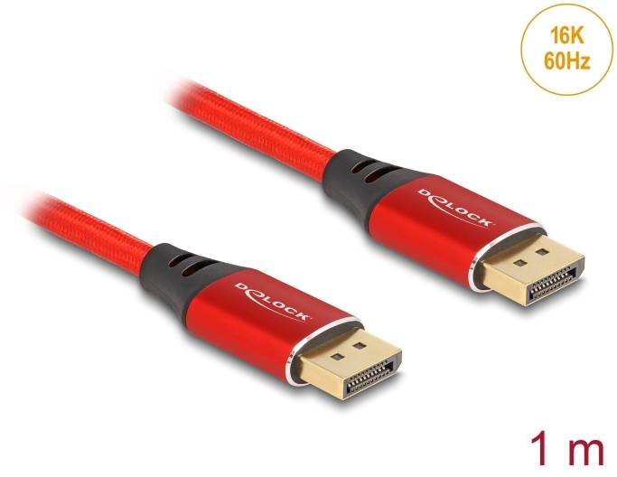 Egy 1 méter hosszú piros DisplayPort-kábel, amely támogatja a 16K felbontást 60 Hz-en.