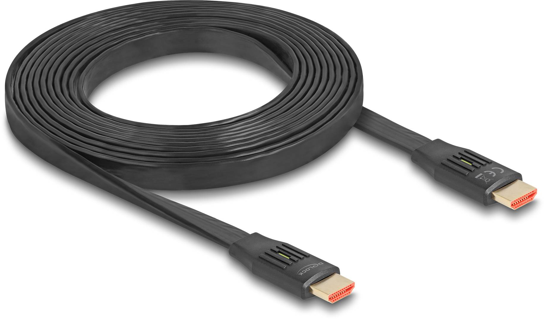 Fekete HDMI-kábel, feltekercselve, két csatlakozóval a végein, audiovizuális átvitelre alkalmas.